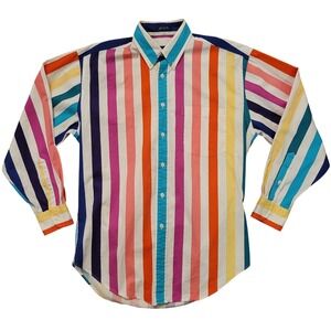 Norsport Button Down Shirt Rainbow Stripe Long Sleeve Cotton S Teacher Retro Vtg